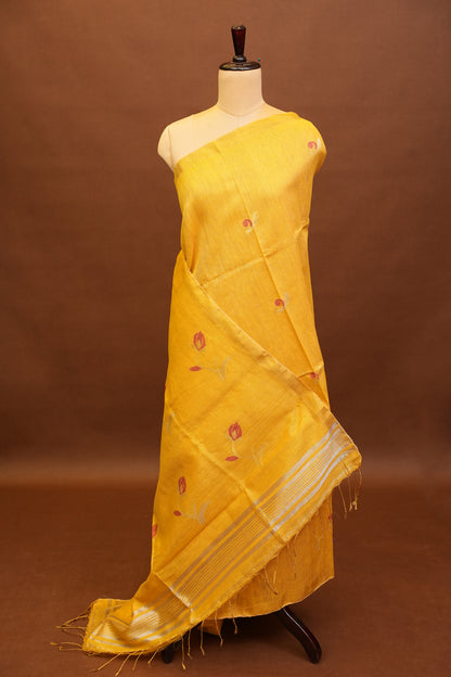Tissue Linen Saree with Tassles - Yellow