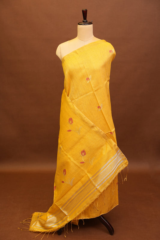 Tissue Linen Saree with Tassles - Yellow