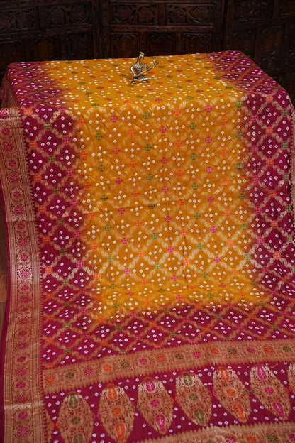 Crushed Munga Pure Bandhini Saree in Mustard & Maroon