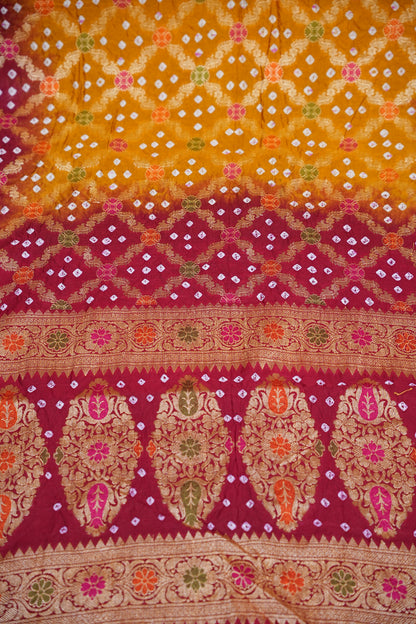 Crushed Munga Pure Bandhini Saree in Mustard & Maroon