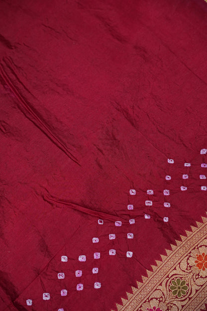 Crushed Munga Pure Bandhini Saree in Mustard & Maroon
