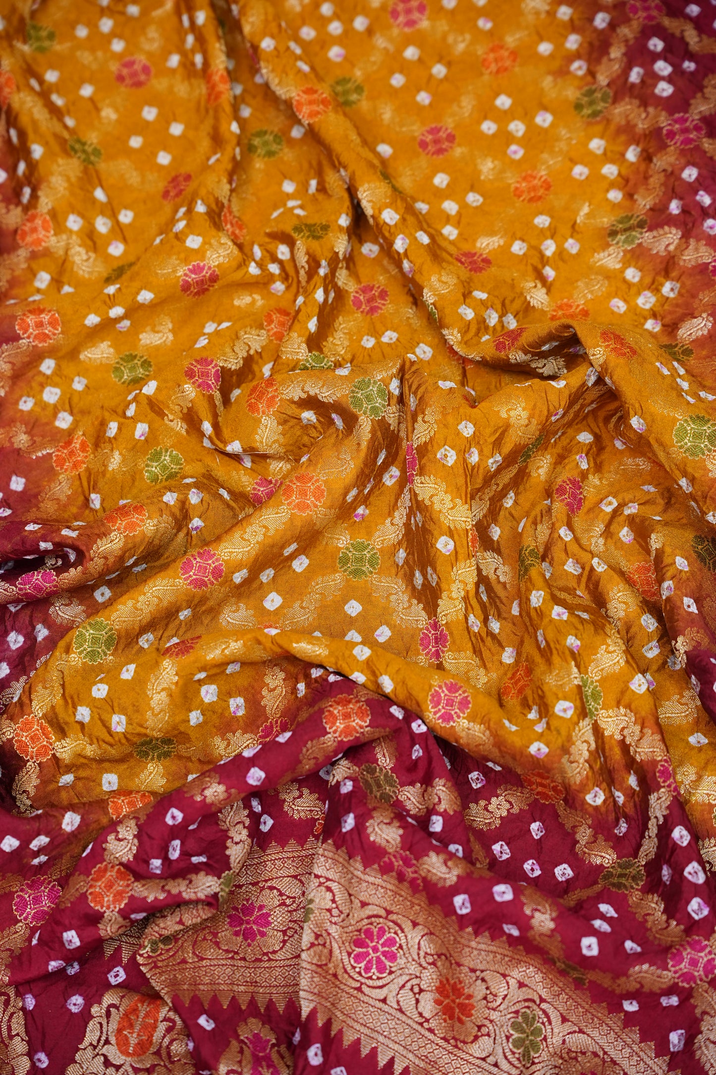Crushed Munga Pure Bandhini Saree in Mustard & Maroon