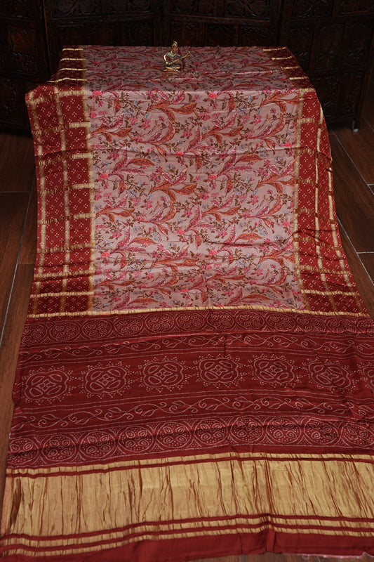 Bandhini Garchola Modal Silk Saree - Peach & Rust