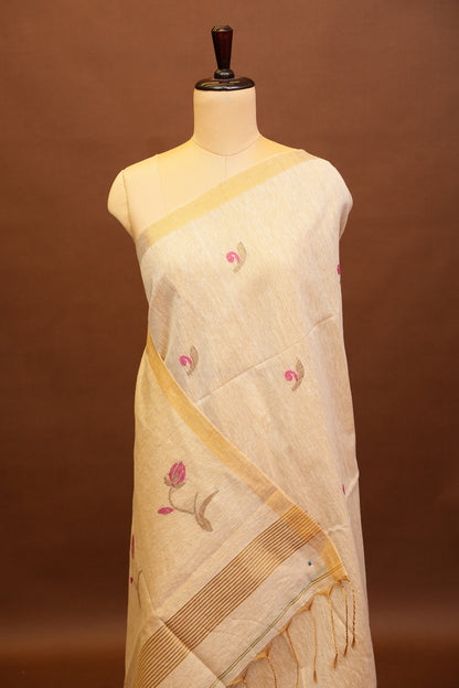 Tissue Linen Saree with Tassles - Beige