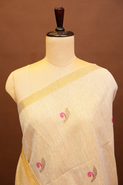 Tissue Linen Saree with Tassles - Beige