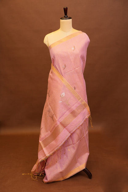 Tissue Linen Saree with Tassles - Blush Pink