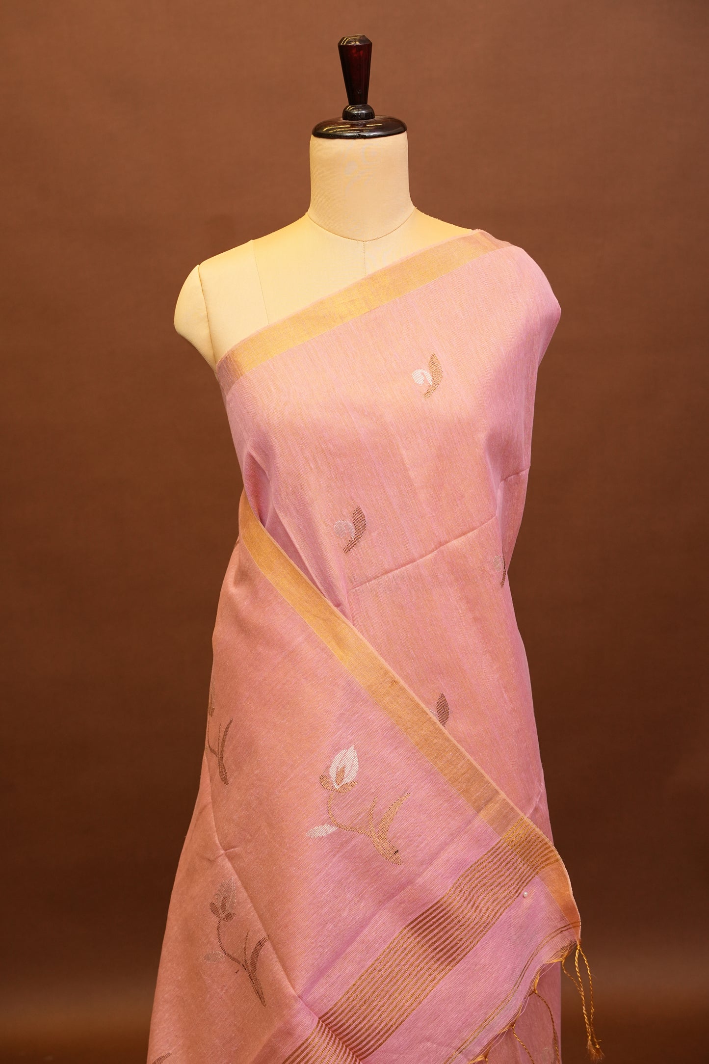 Tissue Linen Saree with Tassles - Blush Pink