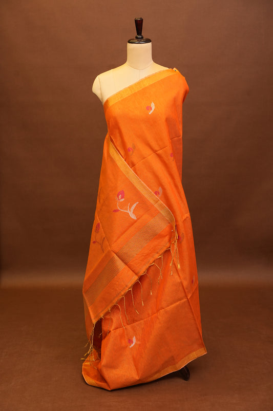 Tissue Linen Saree with Tassles - Orange
