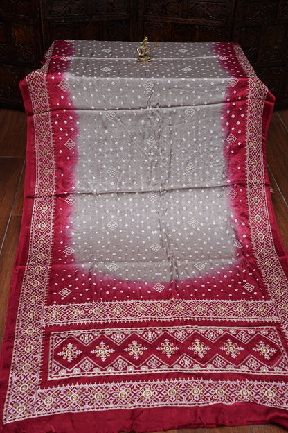 Pure Gajji Silk Bandhini Saree - Light Brown