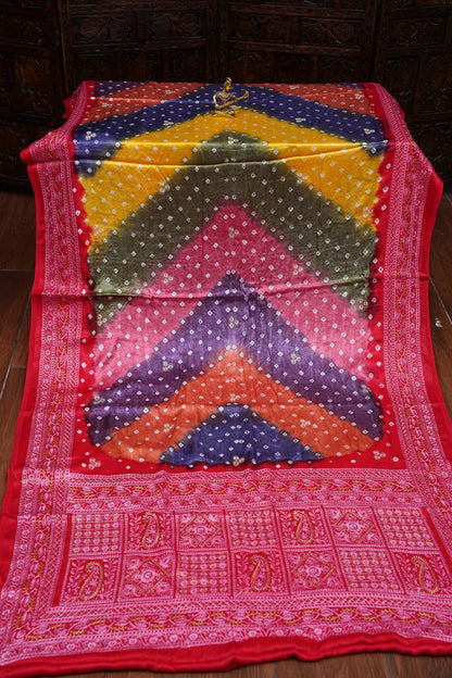 Pure Gajji Silk Bandhini Saree - Multicolor