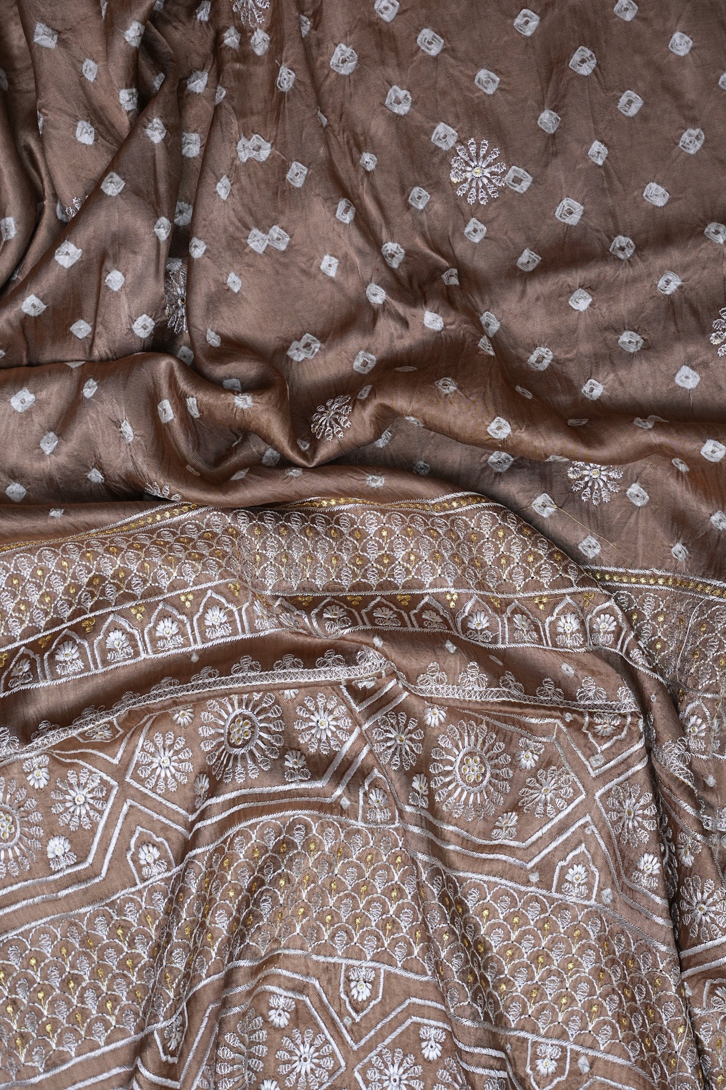 Pure Gajji Silk Bandhini Saree - Light Brown