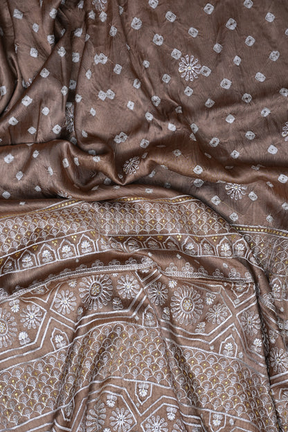 Pure Gajji Silk Bandhini Saree - Light Brown
