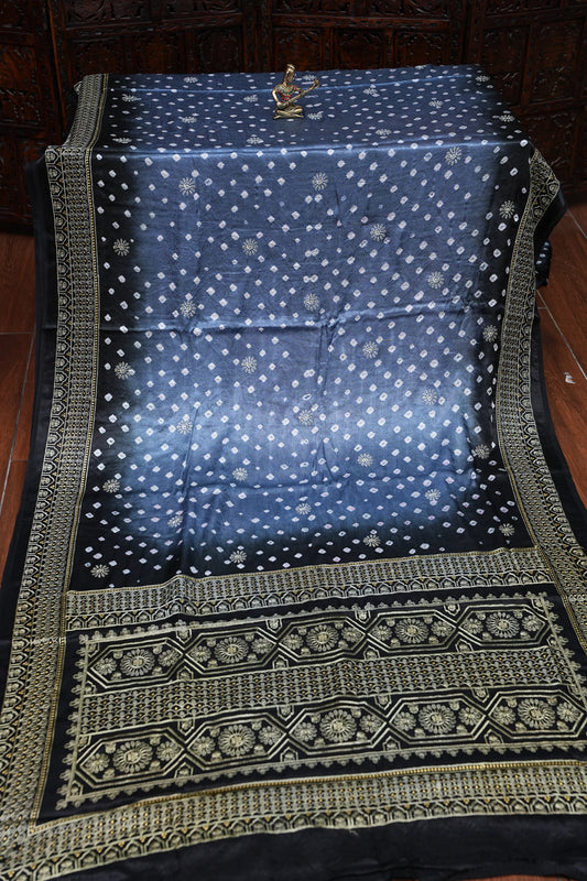 Pure Gajji Silk Bandhini Saree - Grey