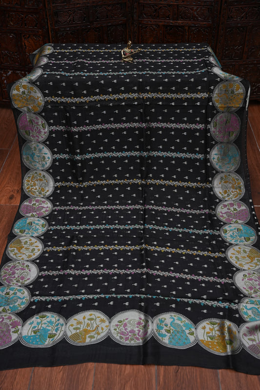 Tussar Banarasi Raw Silk Saree with Multicolour Floral Paithani & Shikargah Border – Black