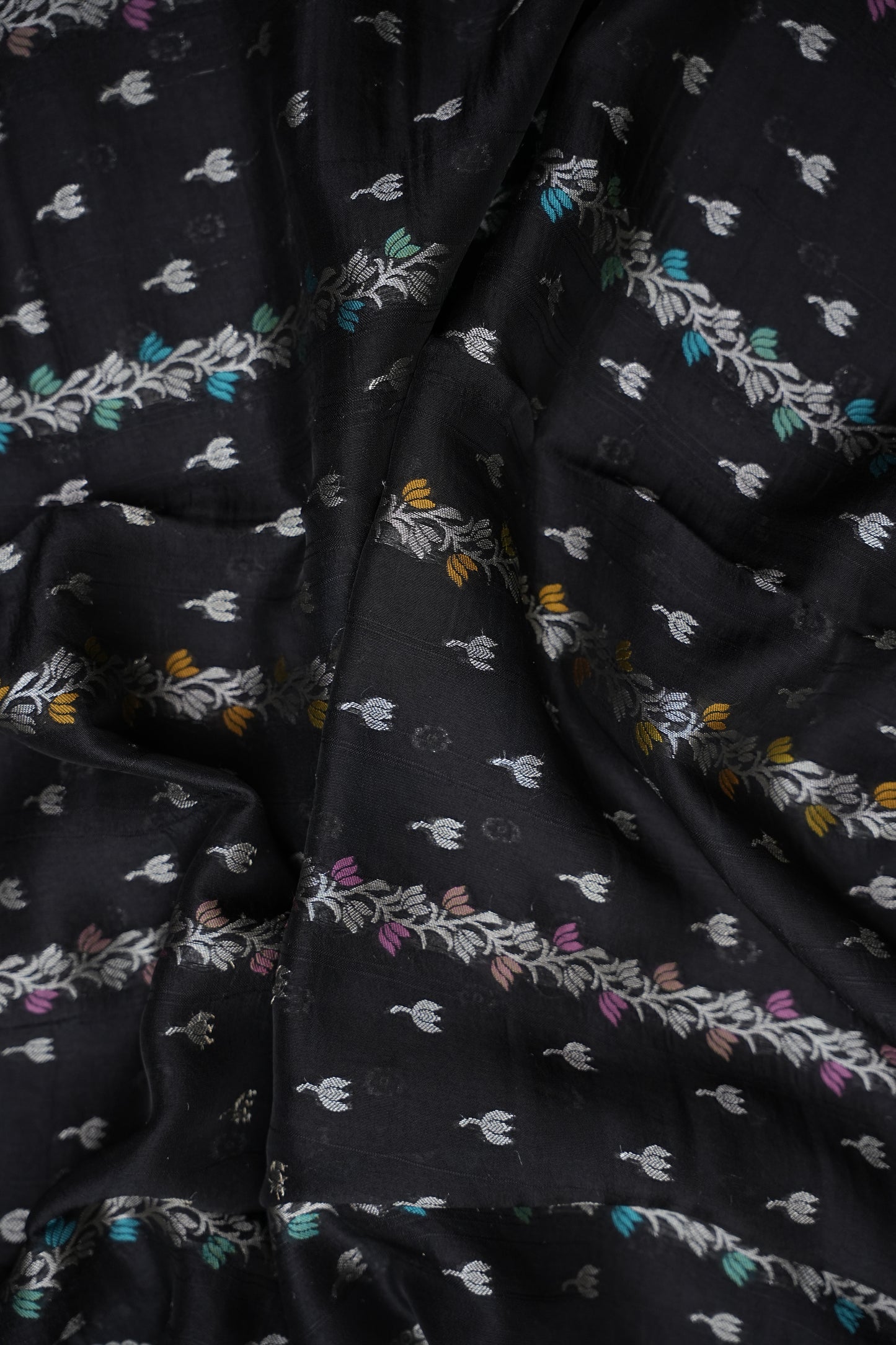 Tussar Banarasi Raw Silk Saree with Multicolour Floral Paithani & Shikargah Border – Black