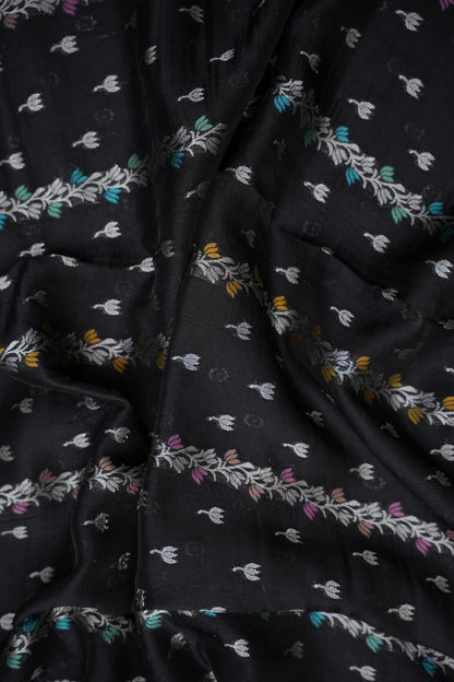 Tussar Banarasi Raw Silk Saree with Multicolour Floral Paithani & Shikargah Border – Black