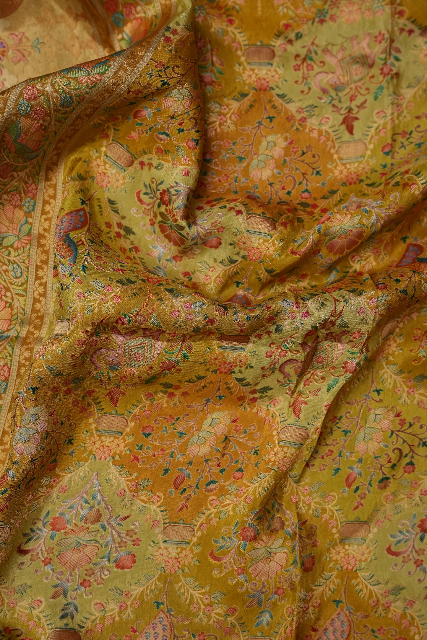 Kashmiri Pashmina Mellow Tissue Saree - Yellow Gold