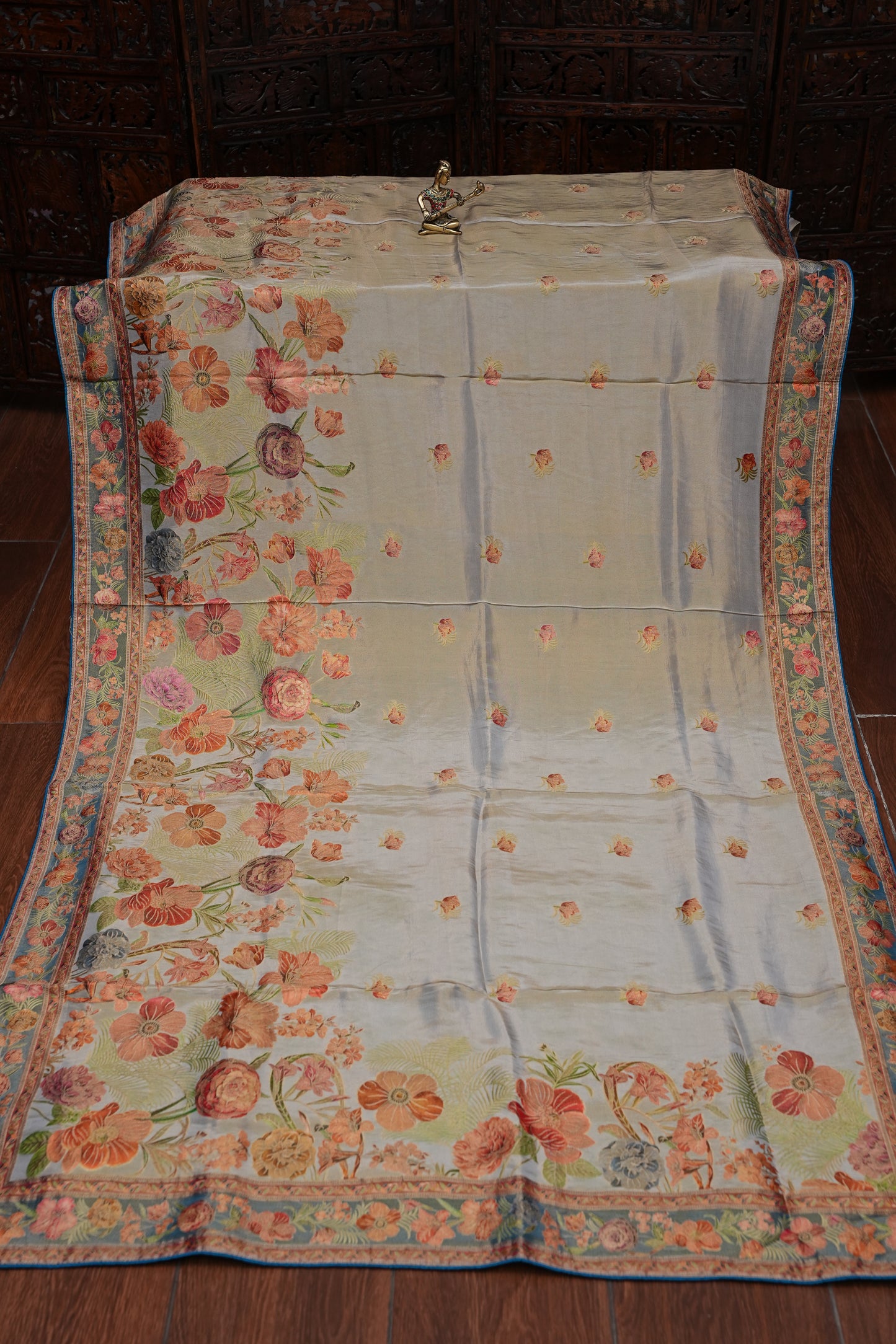 Kashmiri Pashmina Mellow Tissue Saree - Cool Blue