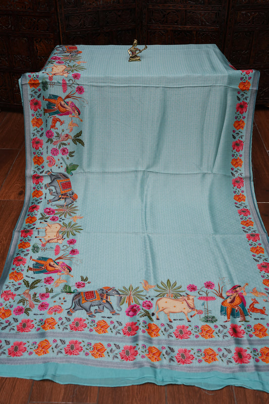 Kashmiri Pashmina Mellow Tissue Saree - Aqua Blue