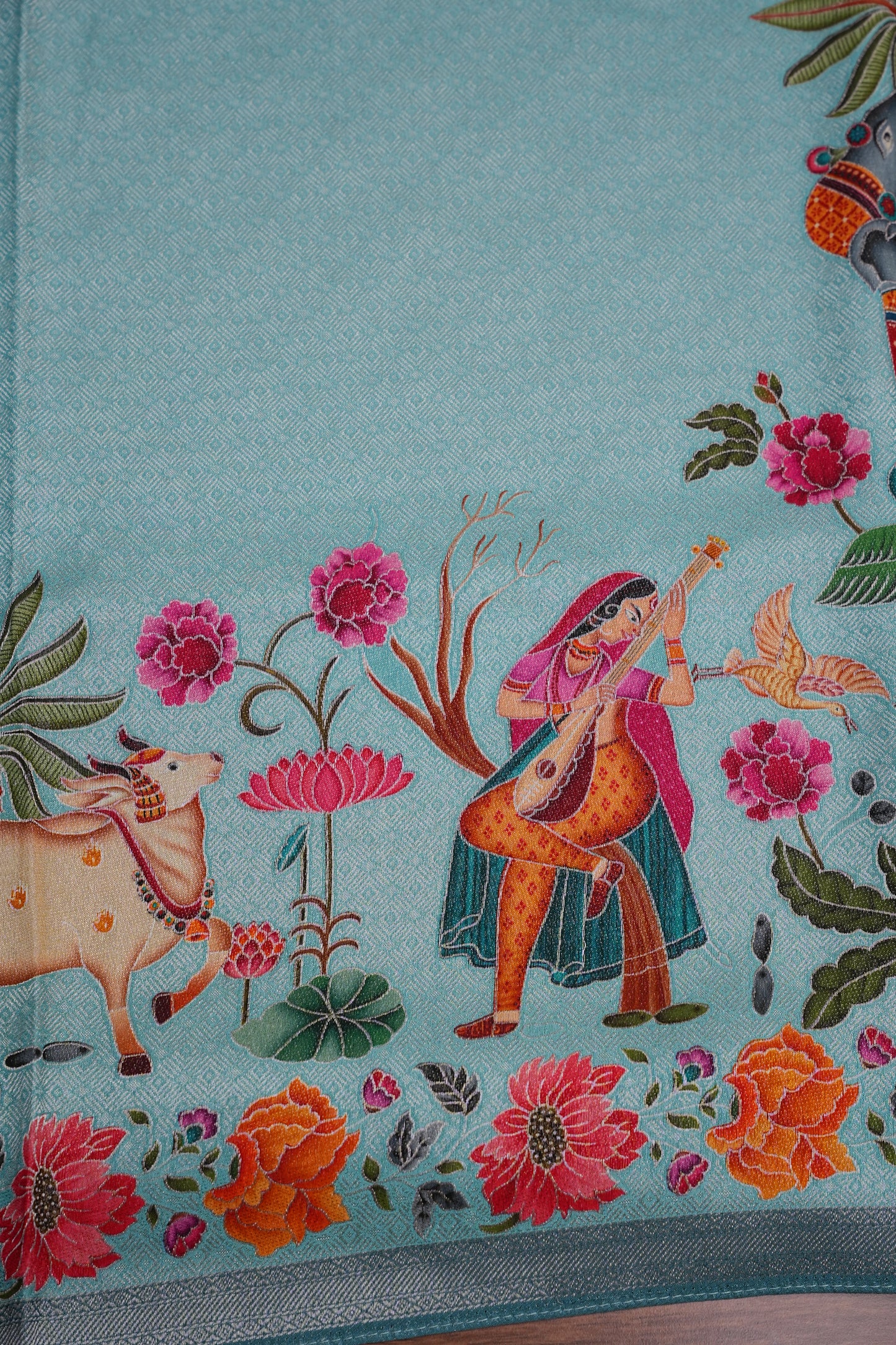 Kashmiri Pashmina Mellow Tissue Saree - Aqua Blue