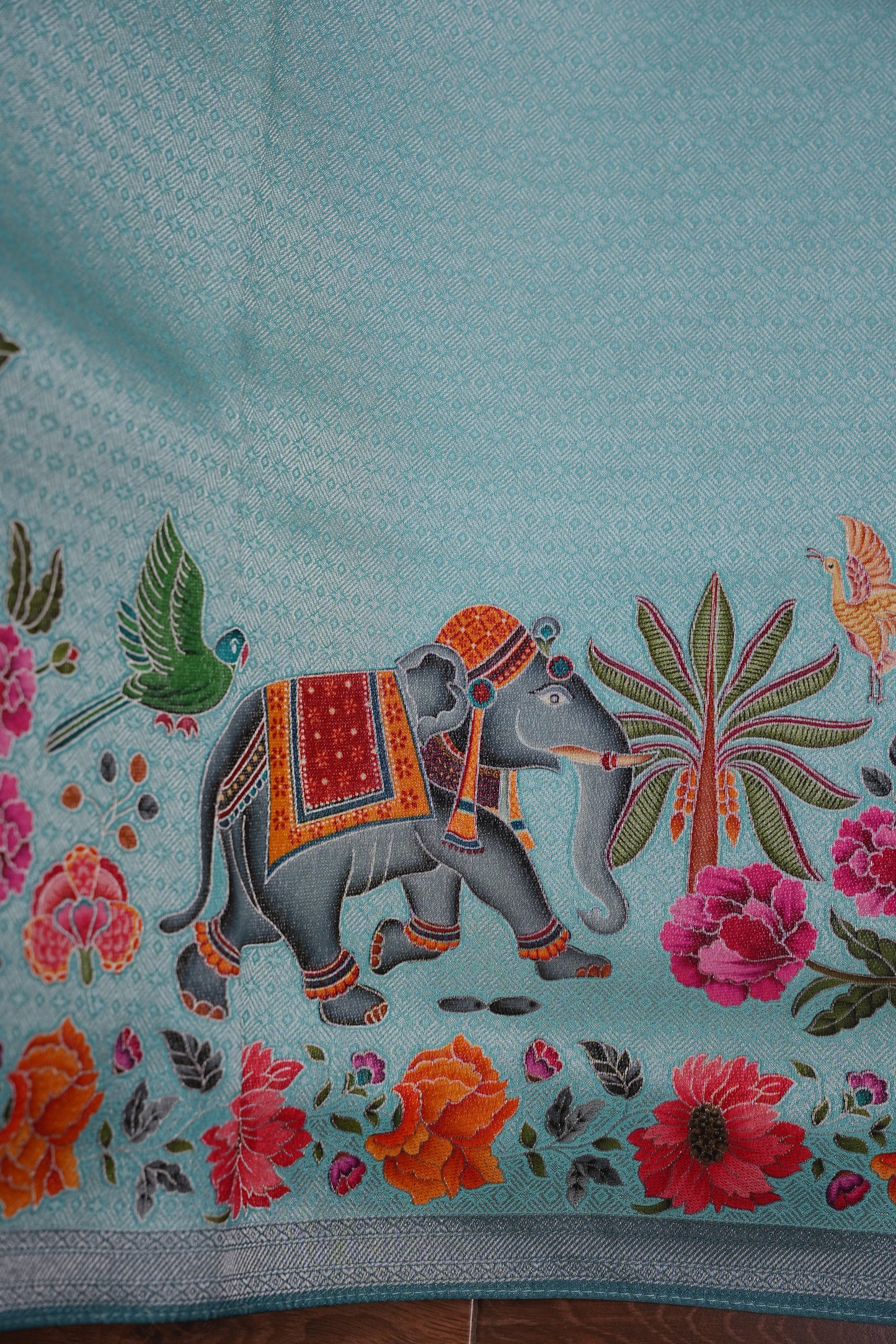 Kashmiri Pashmina Mellow Tissue Saree - Aqua Blue