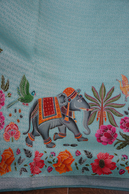 Kashmiri Pashmina Mellow Tissue Saree - Aqua Blue