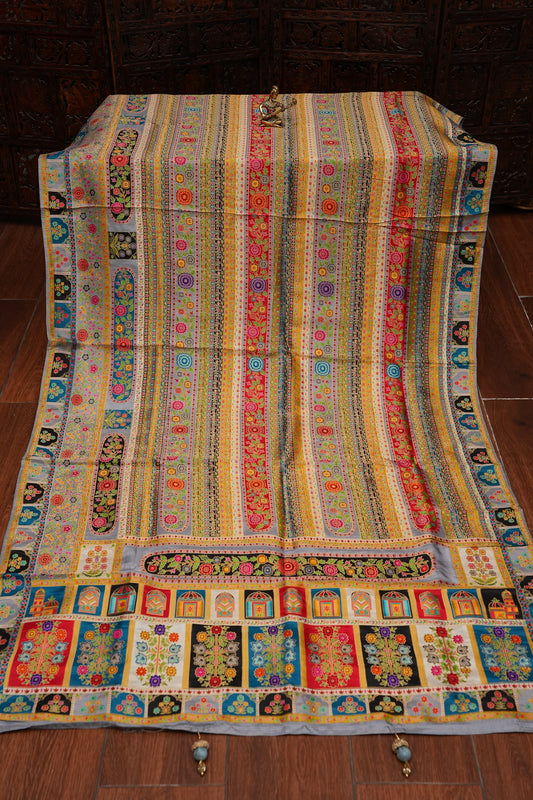 Kashmiri Pashmina Story Telling Saree -Multicolor on Grey