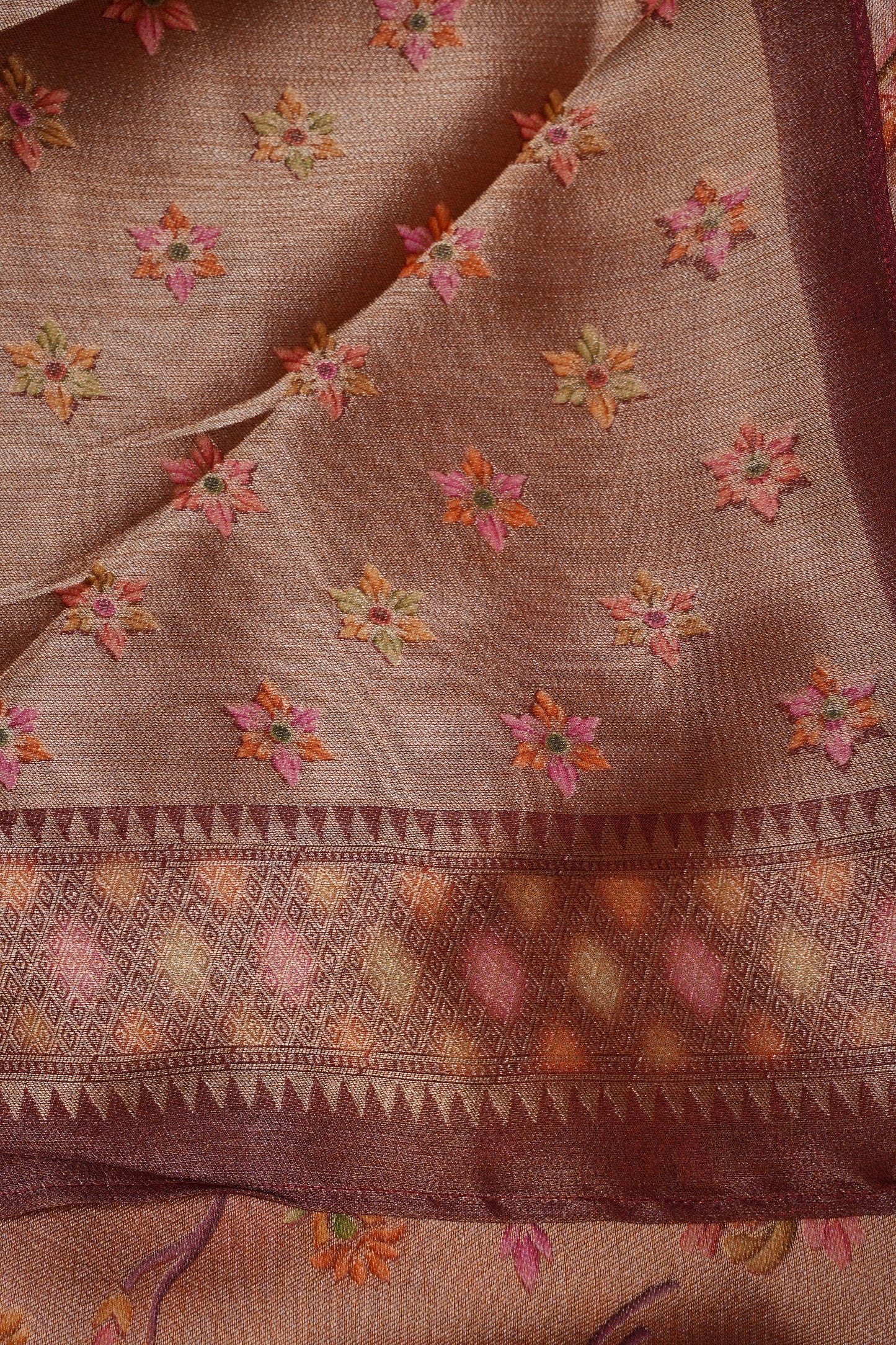 Pure Mellow Tissue Silk Saree with Floral Patterns - Rosewood Brown