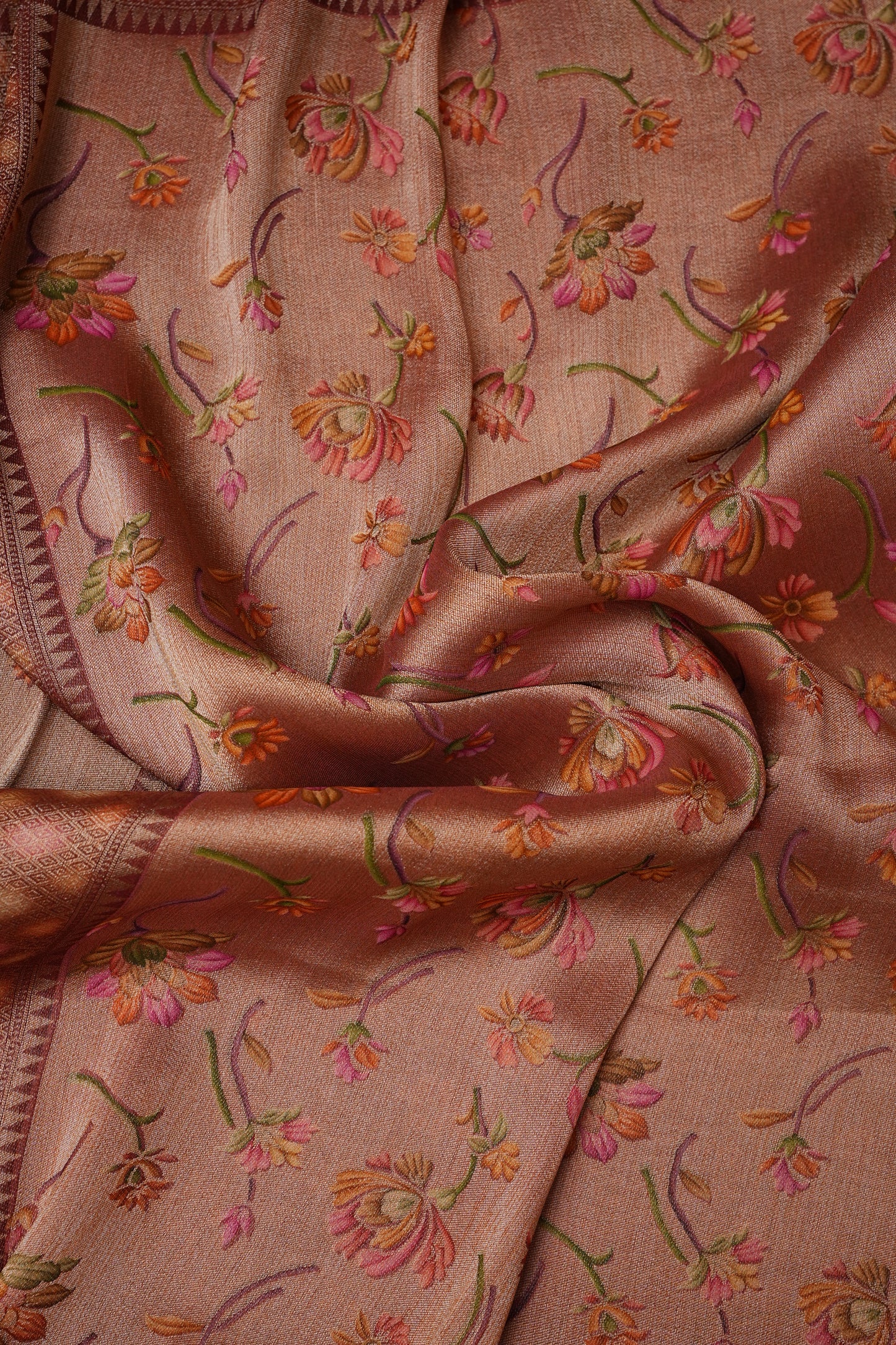 Pure Mellow Tissue Silk Saree with Floral Patterns - Rosewood Brown