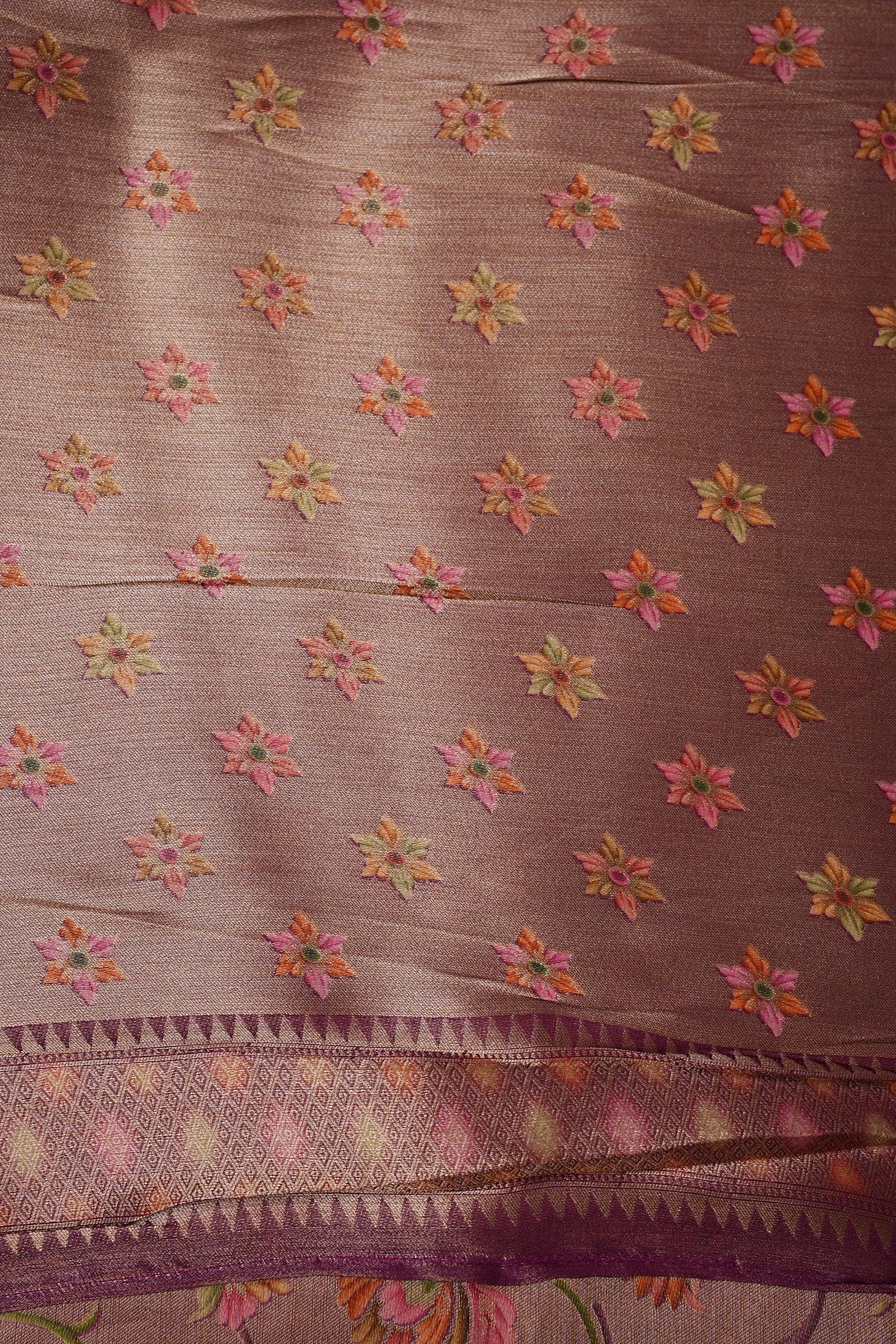 Pure Mellow Tissue Silk Saree with Floral Patterns-Wine