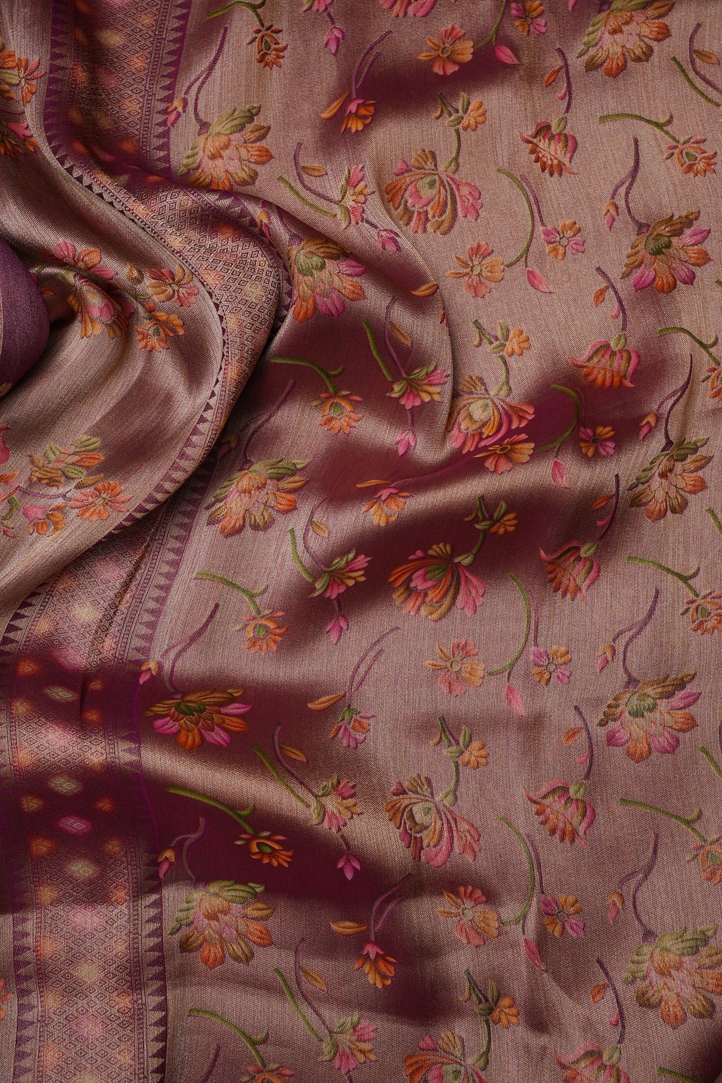 Pure Mellow Tissue Silk Saree with Floral Patterns-Wine