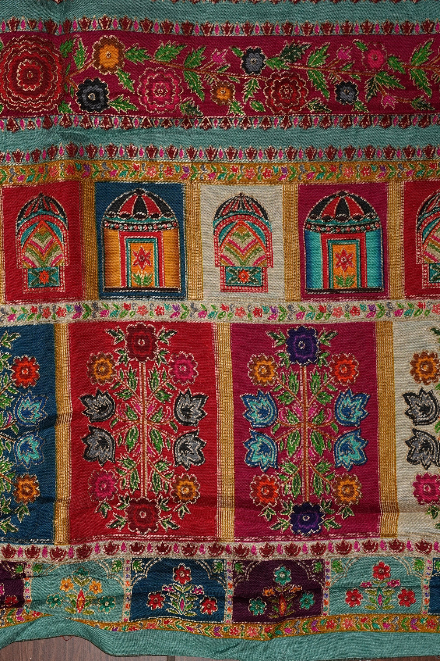 Kashmiri Pashmina Story Telling Saree - Multicolor on Sea Green