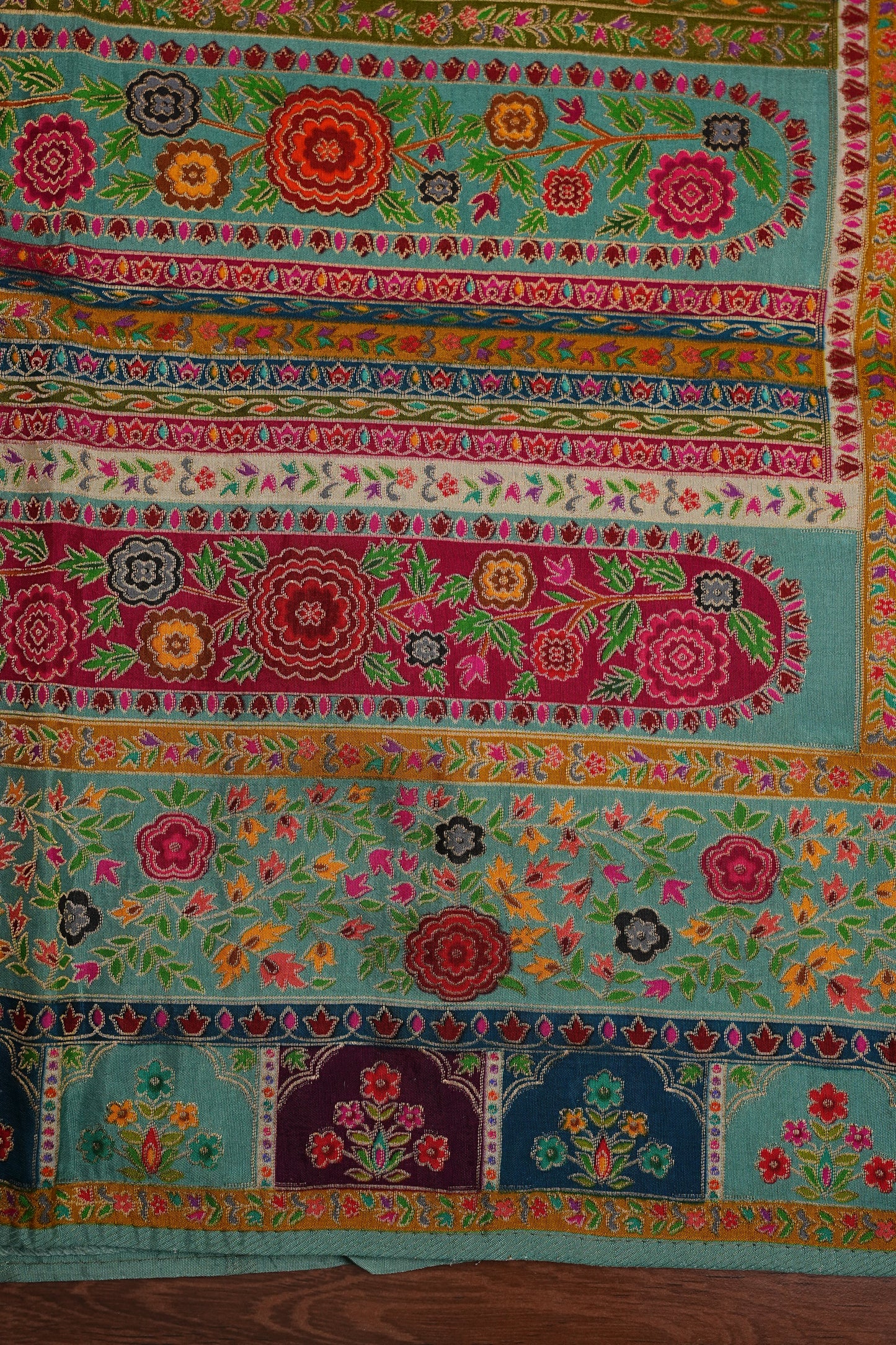 Kashmiri Pashmina Story Telling Saree - Multicolor on Sea Green