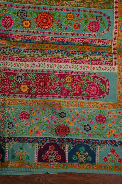 Kashmiri Pashmina Story Telling Saree - Multicolor on Sea Green