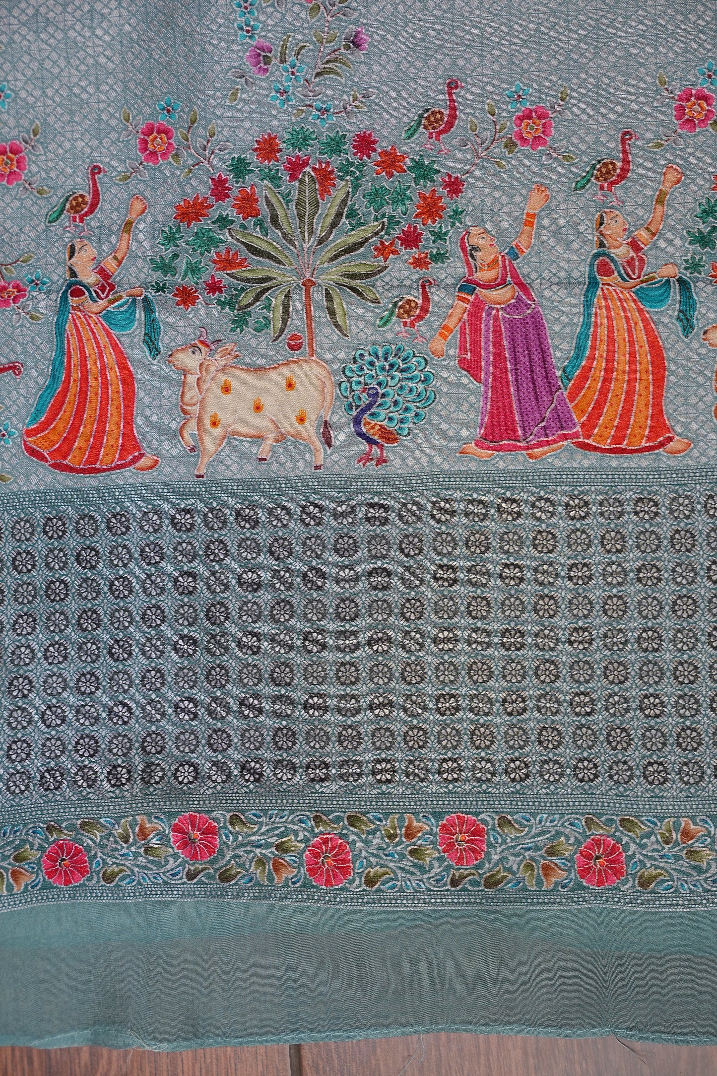 Kashmiri Pashmina Mellow Tissue Saree - Aqua Blue