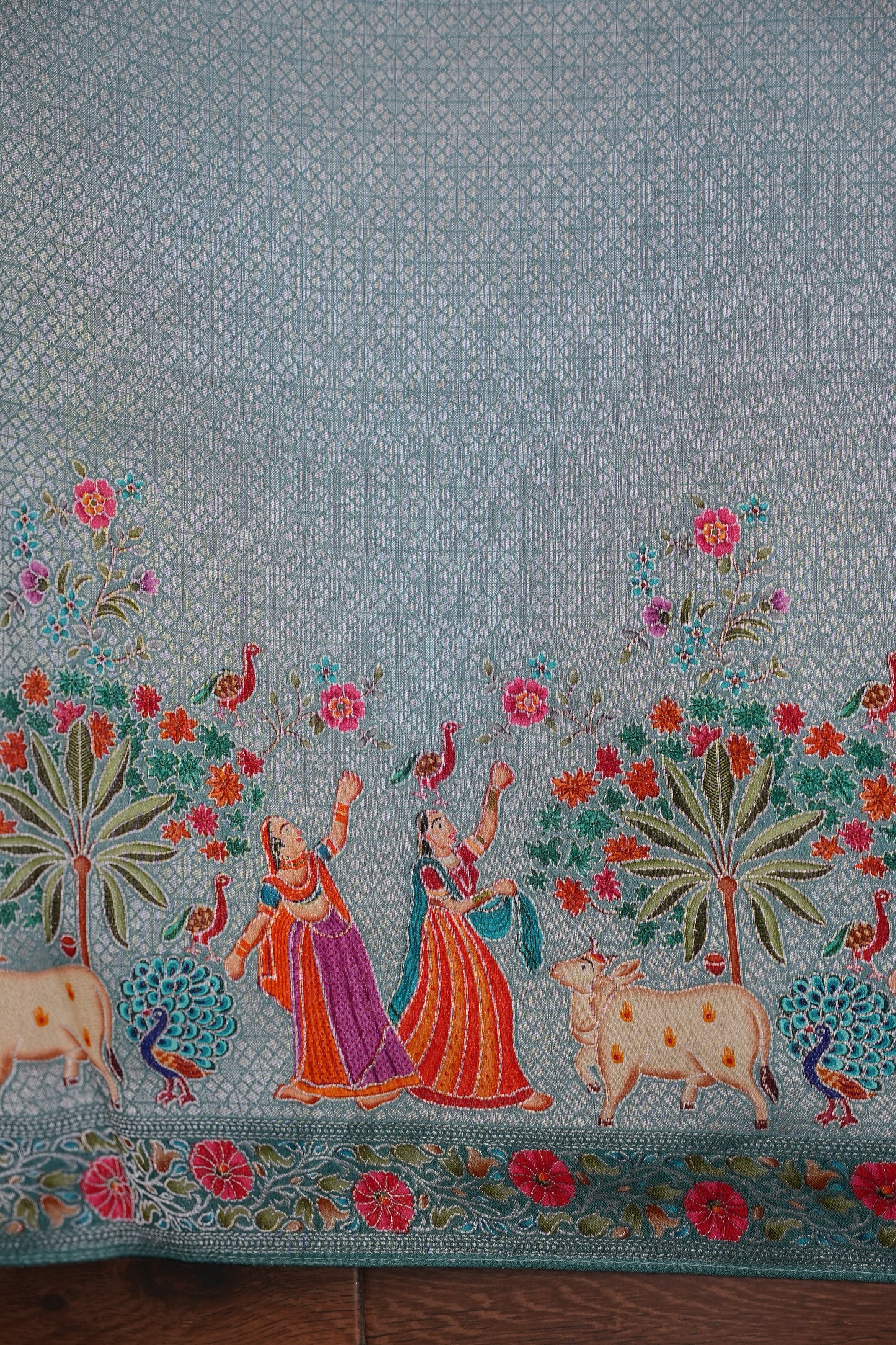 Kashmiri Pashmina Mellow Tissue Saree - Aqua Blue