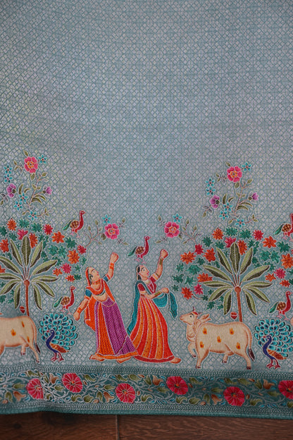 Kashmiri Pashmina Mellow Tissue Saree - Aqua Blue