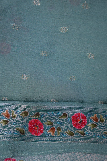 Kashmiri Pashmina Mellow Tissue Saree - Aqua Blue