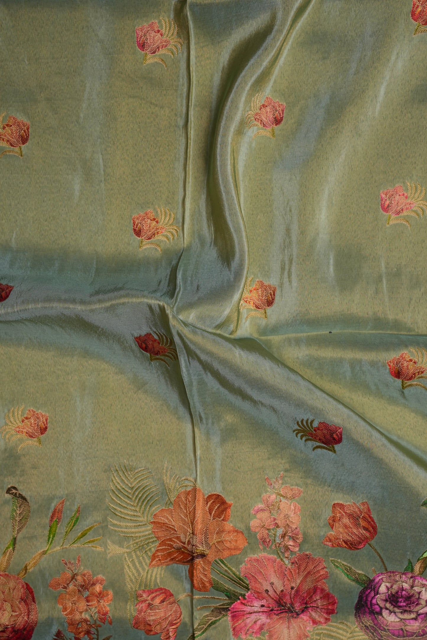 Kashmiri Pashmina Mellow Tissue Saree - Teal Green