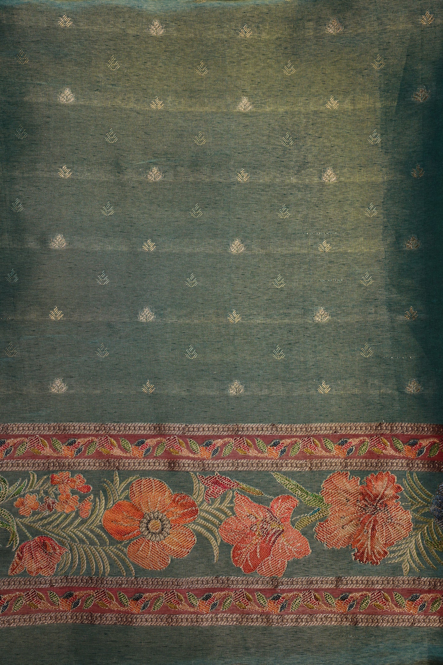 Kashmiri Pashmina Mellow Tissue Saree - Teal Green