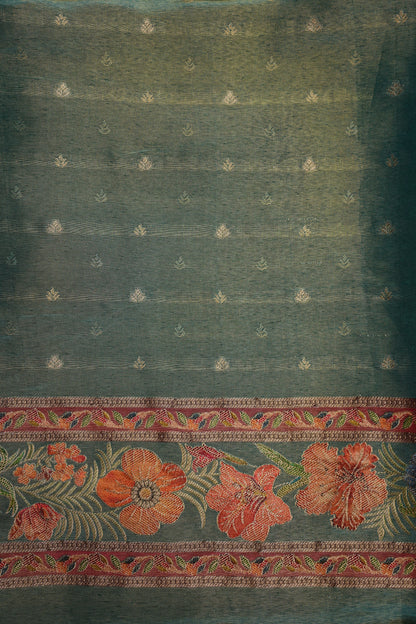 Kashmiri Pashmina Mellow Tissue Saree - Teal Green