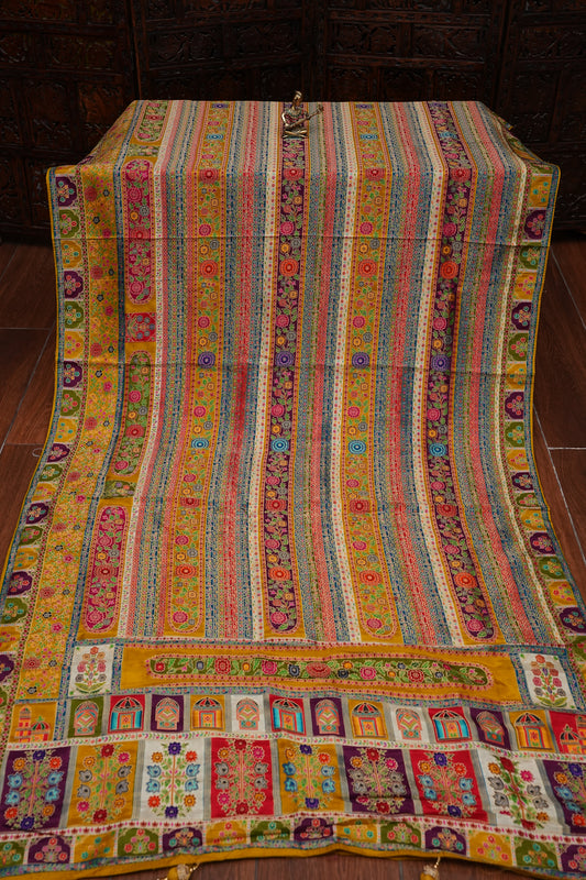 Kashmiri Pashmina Banarasi Story Telling Saree - Multicolor on Yellow