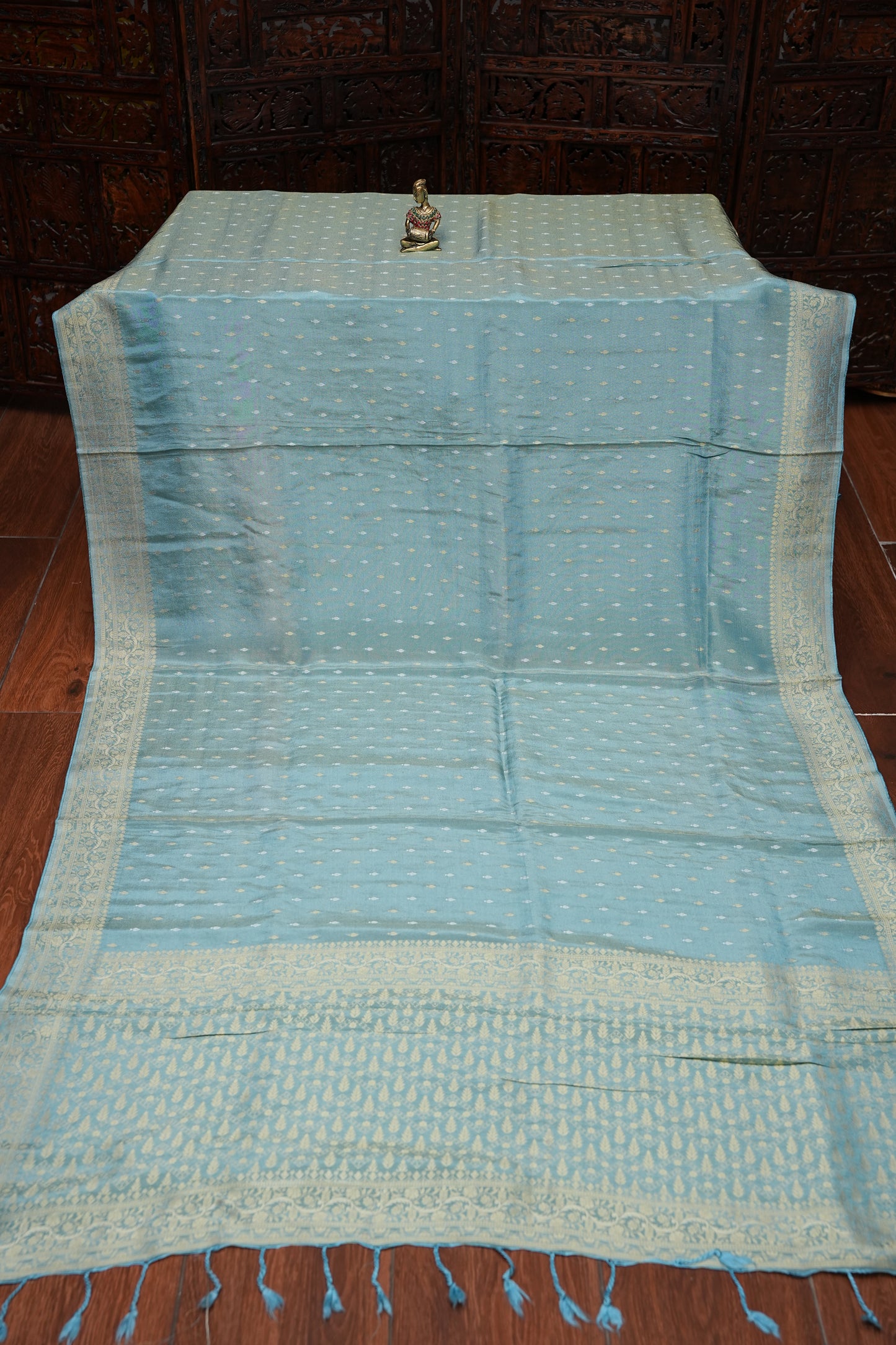 Pure Mellow Tissue Silk Saree with Banarasi Patterns - Aqua Blue