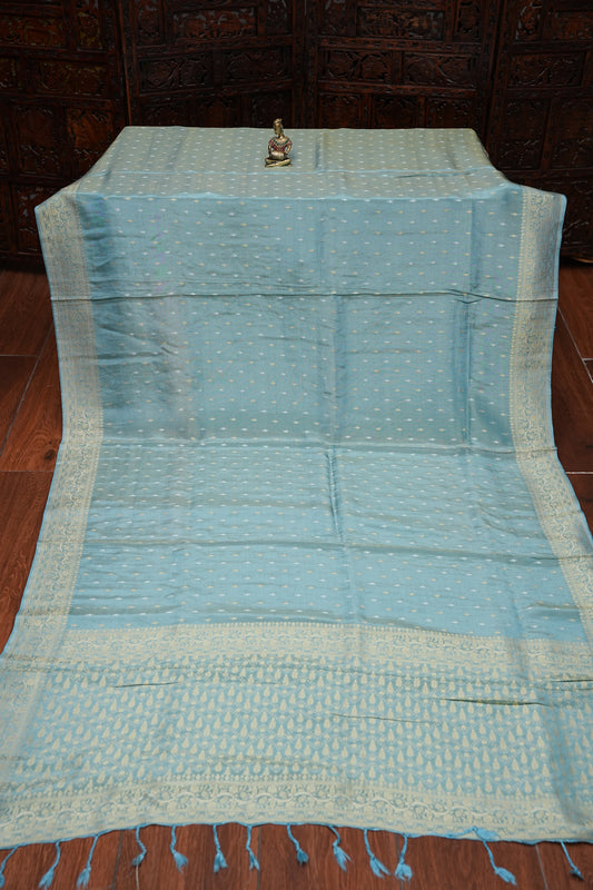 Pure Mellow Tissue Silk Saree with Banarasi Patterns - Aqua Blue