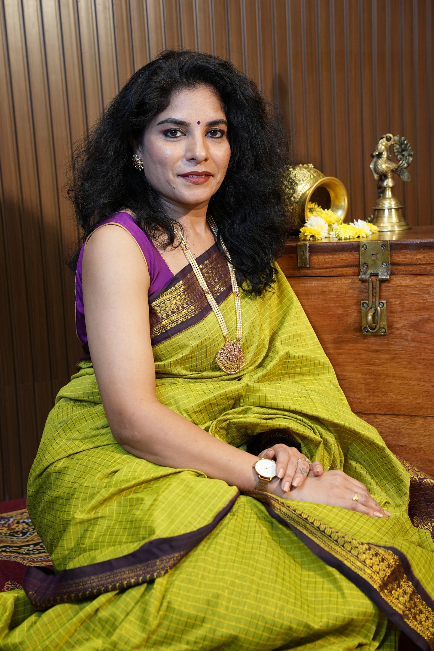 Checkered Kalyani Cotton Silk Saree - Green