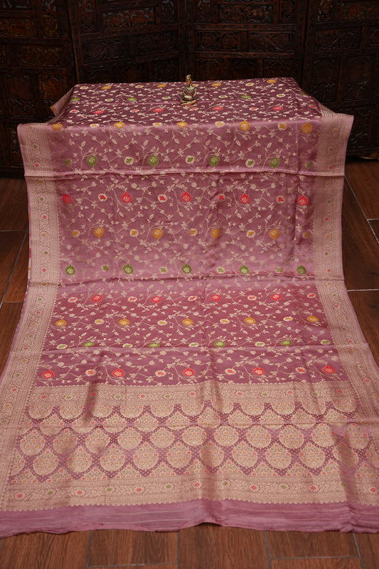 Pure Mashru Silk Saree - Mauve Pink withy Meenakari Jaal Pattern