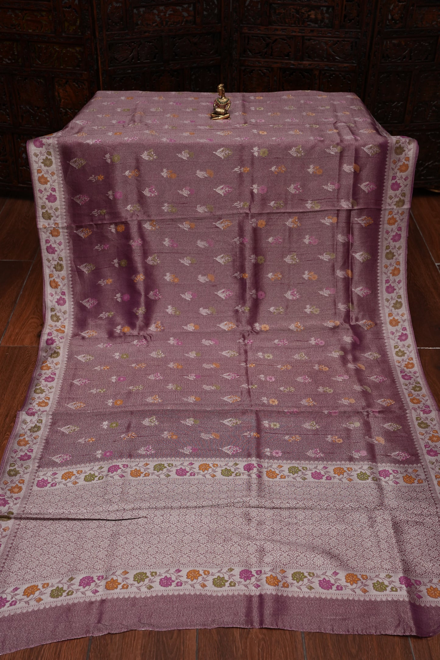 Mellow Wine Tissue Saree with Banarasi Silver Weaving & Paithani Borders