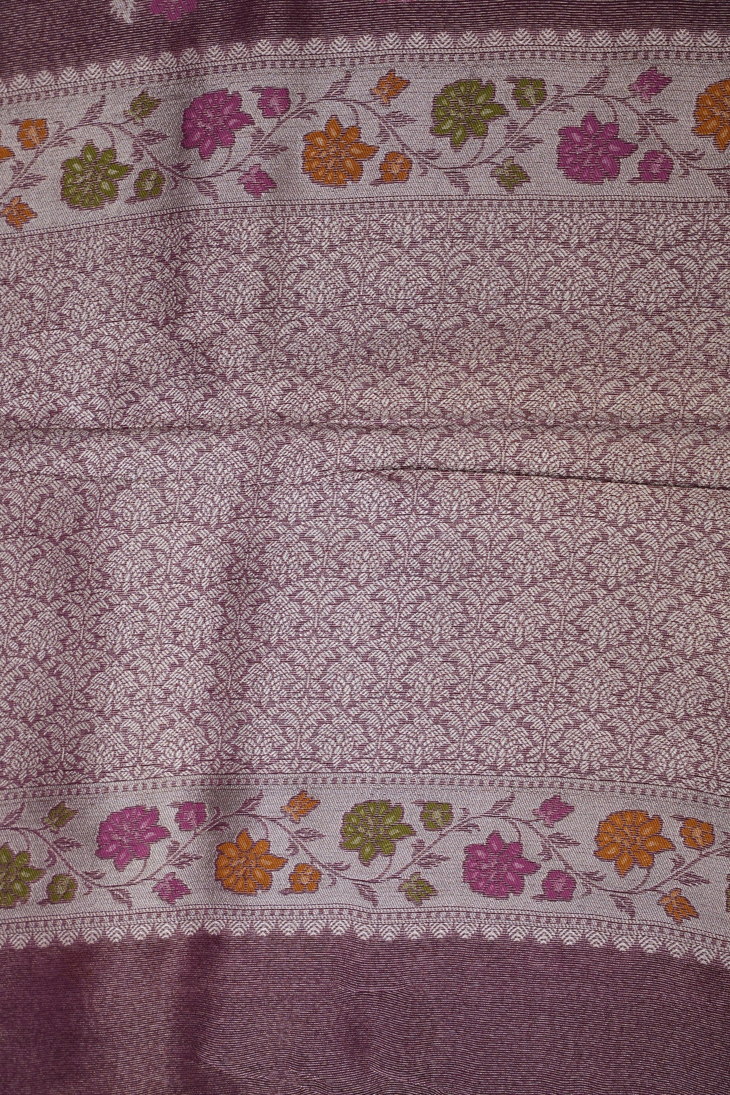 Mellow Wine Tissue Saree with Banarasi Silver Weaving & Paithani Borders