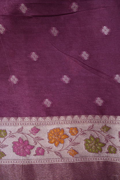 Mellow Wine Tissue Saree with Banarasi Silver Weaving & Paithani Borders