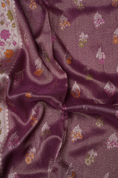 Mellow Wine Tissue Saree with Banarasi Silver Weaving & Paithani Borders